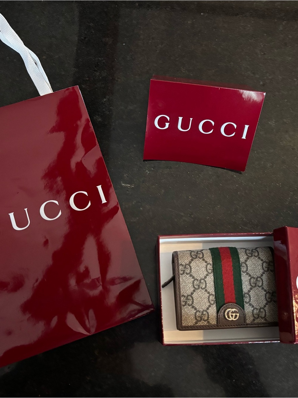 Gucci Beige GG Supreme Card Holder with Green-Red Web and Gold GG